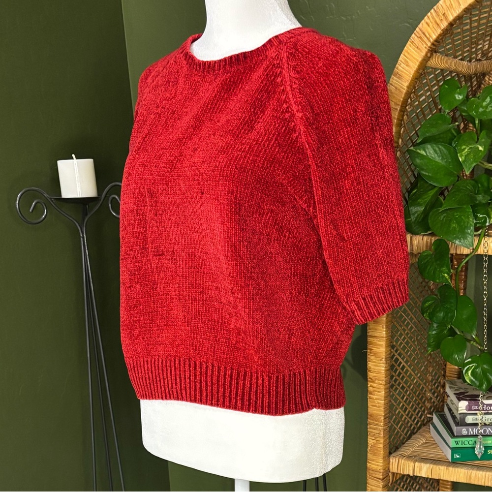 Christopher & Banks Soft Chenille Red Knit Sweater T Shirt Short Sleeve Top
